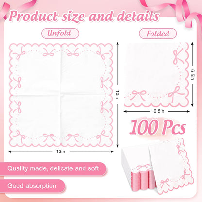 JarThenaAMCS 100 Pcs Pink Bow Scalloped Paper Napkin Coquette Bowknot Napkin Disposable Luncheon Dinner Napkins for Home Kitchen Party Supplies