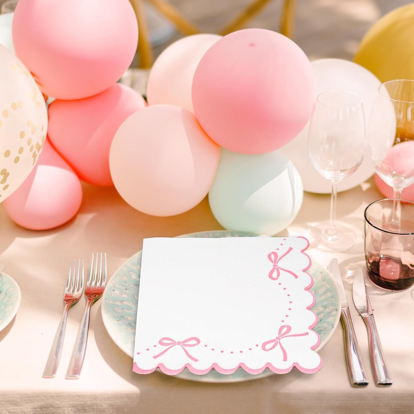 JarThenaAMCS 100 Pcs Pink Bow Scalloped Paper Napkin Coquette Bowknot Napkin Disposable Luncheon Dinner Napkins for Home Kitchen Party Supplies