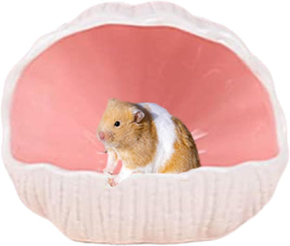 Hamster House Ceramic,Small Hamster Summer Shelter Shell Shaped Hamster Habitals Cool Bed Hamster Accessiories, Anti Bite Hideaway House Cave for Mice Gerbil (Pink)