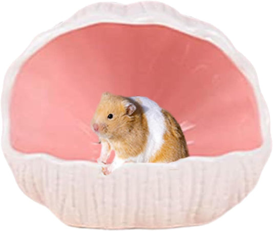 Hamster House Ceramic,Small Hamster Summer Shelter Shell Shaped Hamster Habitals Cool Bed Hamster Accessiories, Anti Bite Hideaway House Cave for Mice Gerbil (Pink)