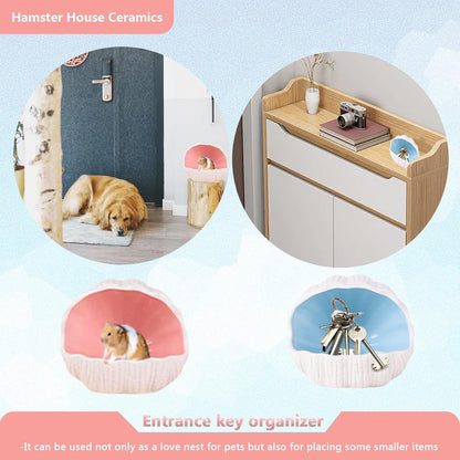 Hamster House Ceramic,Small Hamster Summer Shelter Shell Shaped Hamster Habitals Cool Bed Hamster Accessiories, Anti Bite Hideaway House Cave for Mice Gerbil (Pink)