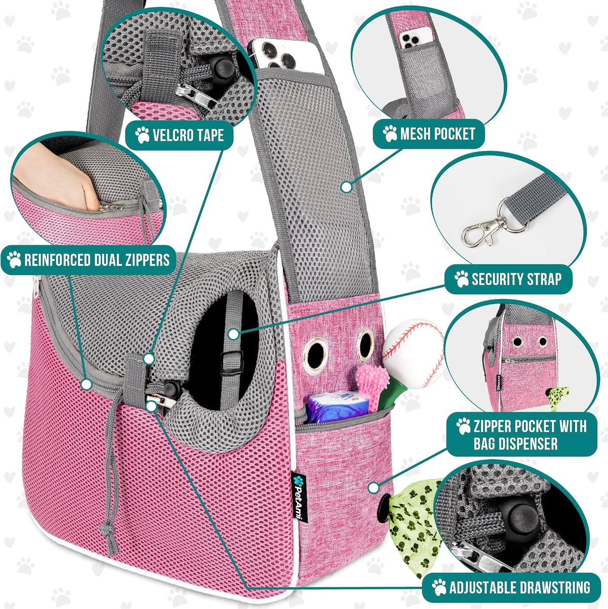 Dog Sling Carrier for Small Dogs, Hands Free Crossbody Carrier, Pink