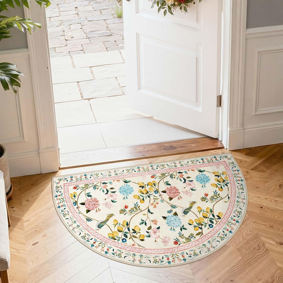 2x3 Half Circle Entryway Rug Washable Indoor Door Mat, Beige/Pink