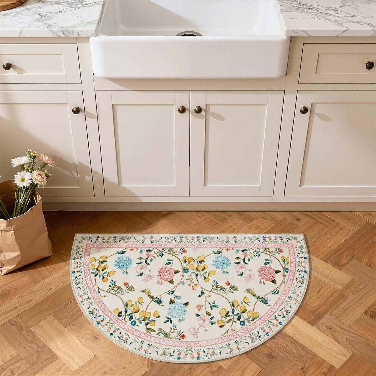 2x3 Half Circle Entryway Rug Washable Indoor Door Mat, Beige/Pink