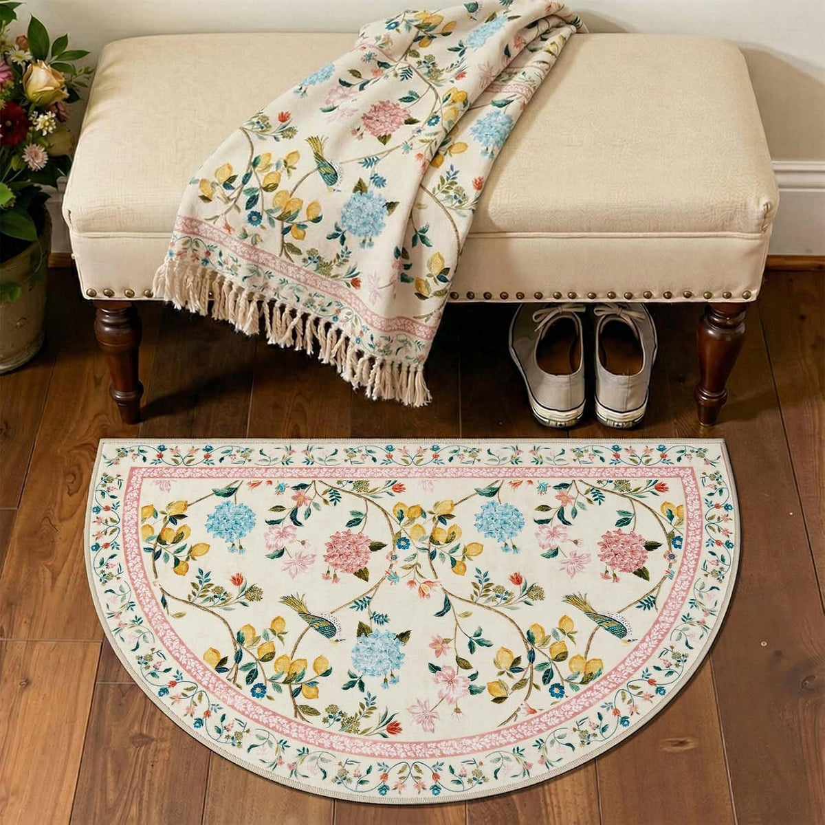 2x3 Half Circle Entryway Rug Washable Indoor Door Mat, Beige/Pink