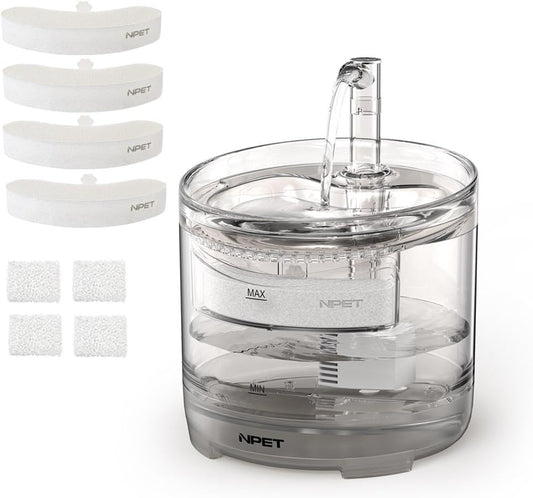 NPET Cat Water Fountain WF050TP 1.5L Automatic Pet Drinking Fountain with Replacement Faucet Kit - 4 Replacement Filters (No Adapter)