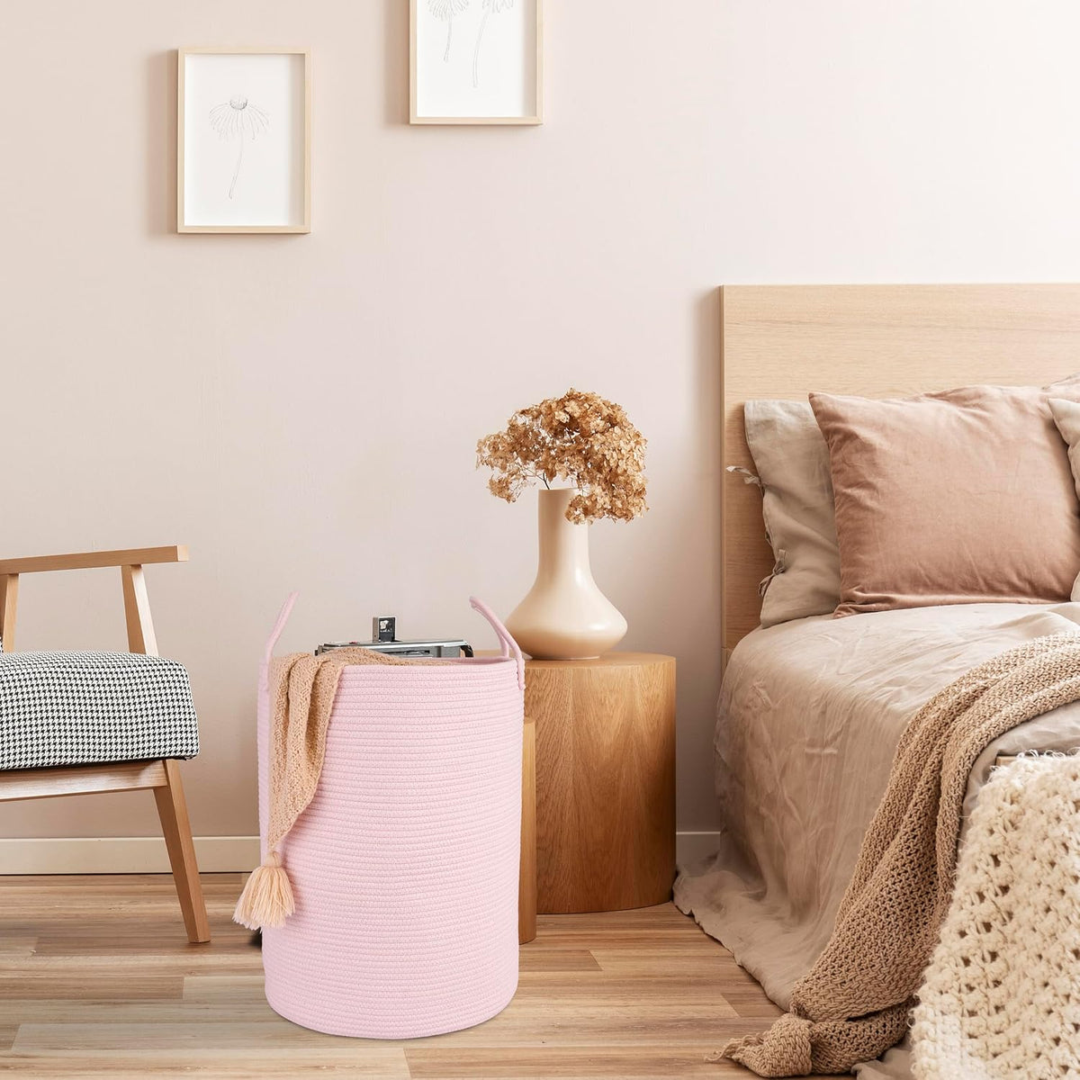 Cotton Rope Laundry Basket Hamper for Clothes Large Light Pink