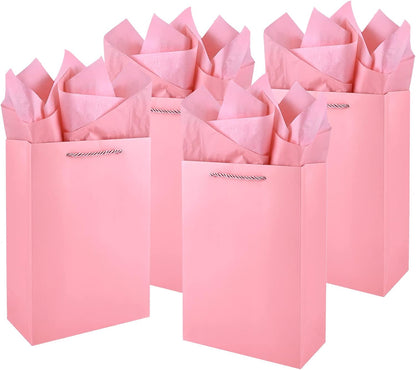 10 Pack Pink Gift Bags with Tissue Paper, 8" x 4" x 11" Medium Gift Bags with Handles for Birthday Party, Baby Shower, Wedding, Holiday