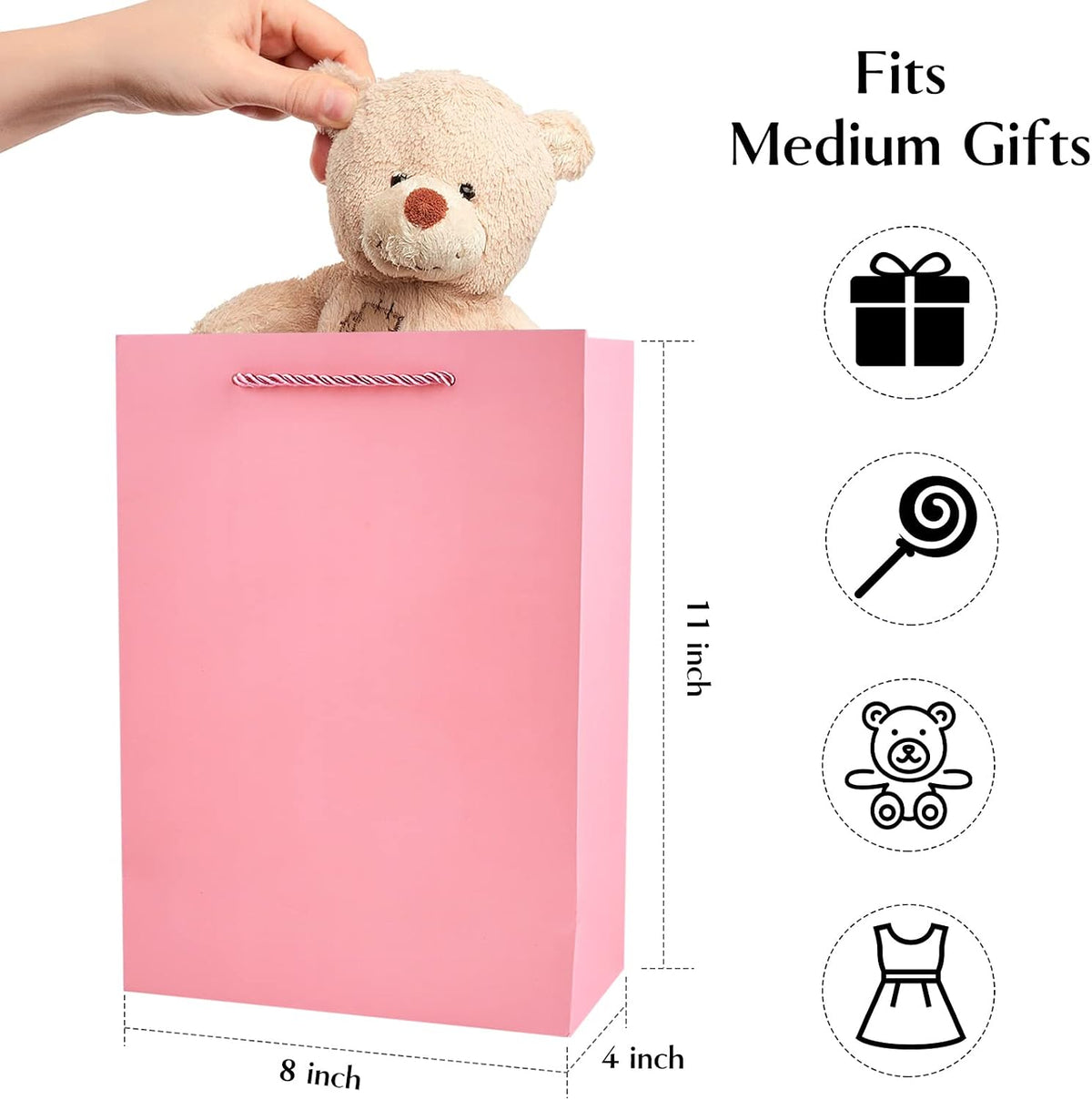 10 Pack Pink Gift Bags with Tissue Paper, 8" x 4" x 11" Medium Gift Bags with Handles for Birthday Party, Baby Shower, Wedding, Holiday