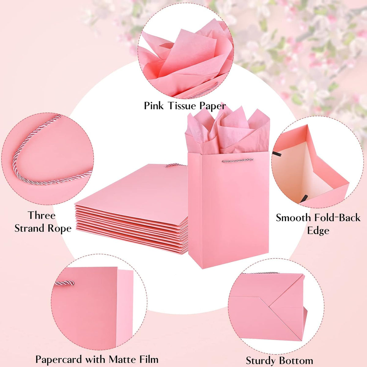 10 Pack Pink Gift Bags with Tissue Paper, 8" x 4" x 11" Medium Gift Bags with Handles for Birthday Party, Baby Shower, Wedding, Holiday