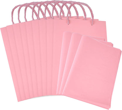10 Pack Pink Gift Bags with Tissue Paper, 8" x 4" x 11" Medium Gift Bags with Handles for Birthday Party, Baby Shower, Wedding, Holiday