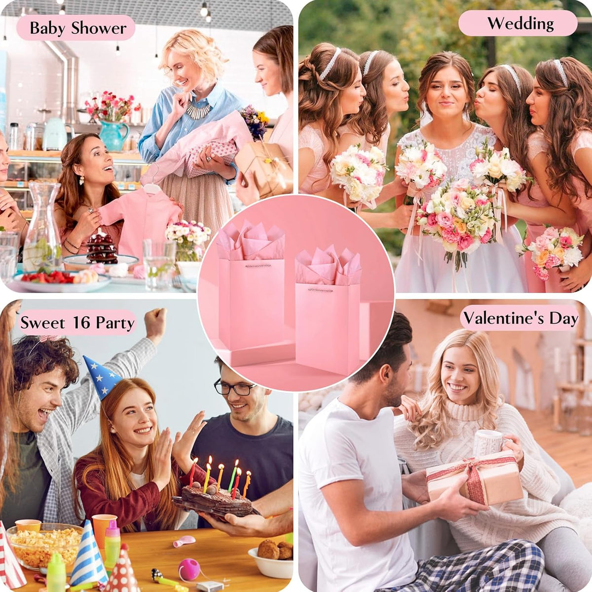 10 Pack Pink Gift Bags with Tissue Paper, 8" x 4" x 11" Medium Gift Bags with Handles for Birthday Party, Baby Shower, Wedding, Holiday