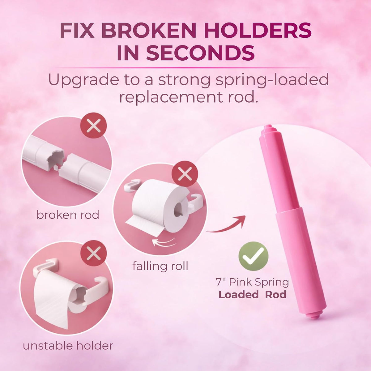 Toilet Paper Roller Holder (7 Inch) Pink - Plastic (Spring Loaded) Replacement Spindle Rod - Roll Extender fits Extra Large Bathroom Tissue Rolls