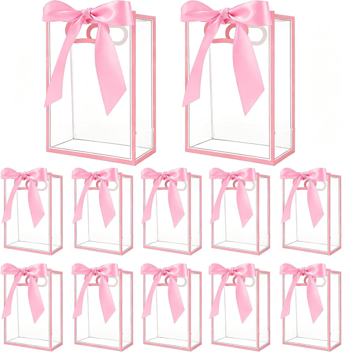 12 Pcs Clear Plastic Gift Bags With Handles Reusable PP Favor Bag With Ribbons For Valentine'S Day Wedding Bridal Shower Birthday Graduation Shopping Business, 7.09x10.24x3.15 Inch (Pink)