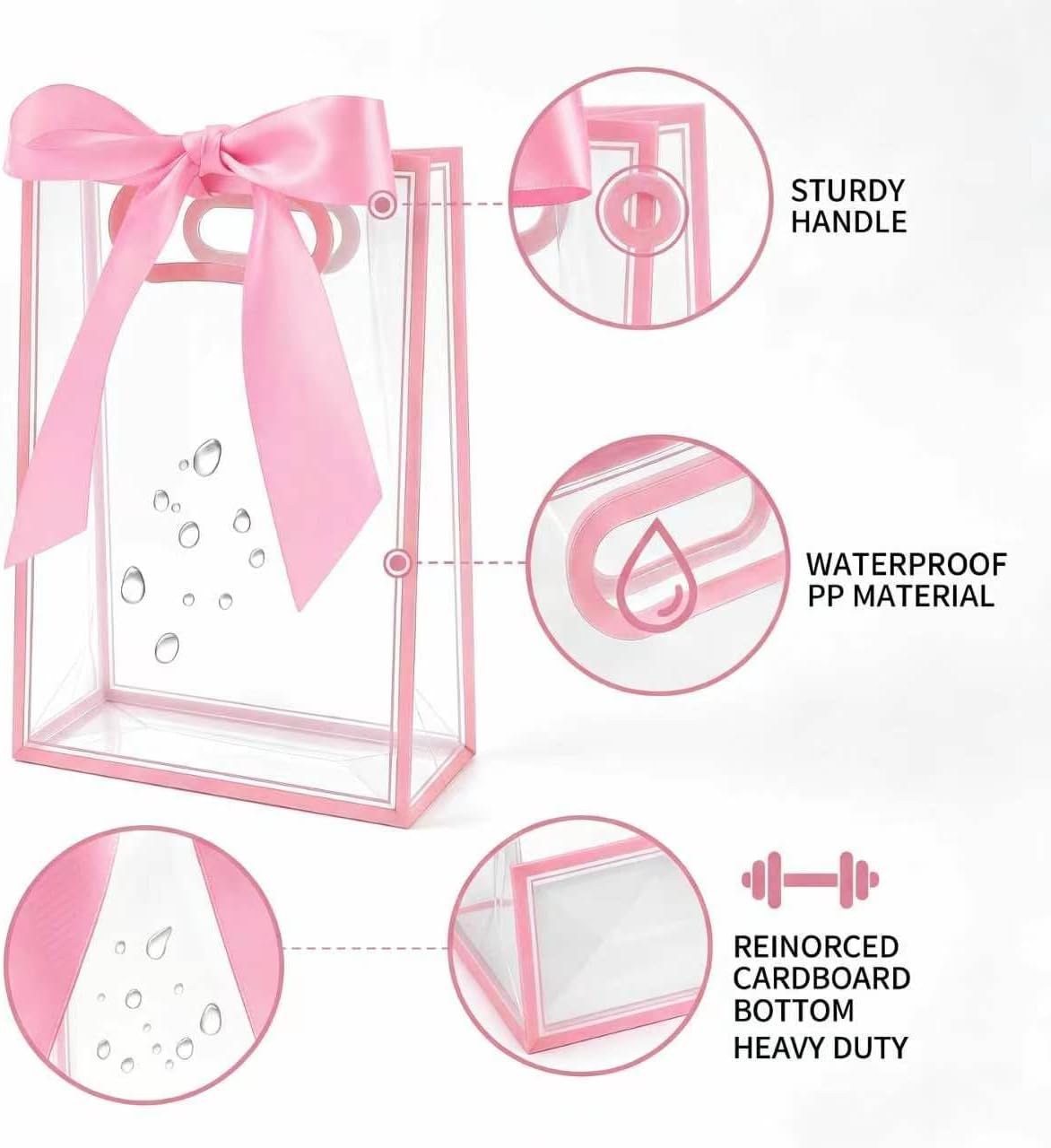 12 Pcs Clear Plastic Gift Bags With Handles Reusable PP Favor Bag With Ribbons For Valentine'S Day Wedding Bridal Shower Birthday Graduation Shopping Business, 7.09x10.24x3.15 Inch (Pink)