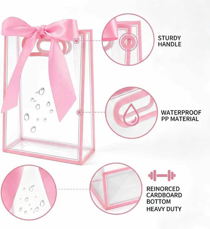 12 Pcs Clear Plastic Gift Bags With Handles Reusable PP Favor Bag With Ribbons For Valentine'S Day Wedding Bridal Shower Birthday Graduation Shopping Business, 7.09x10.24x3.15 Inch (Pink)