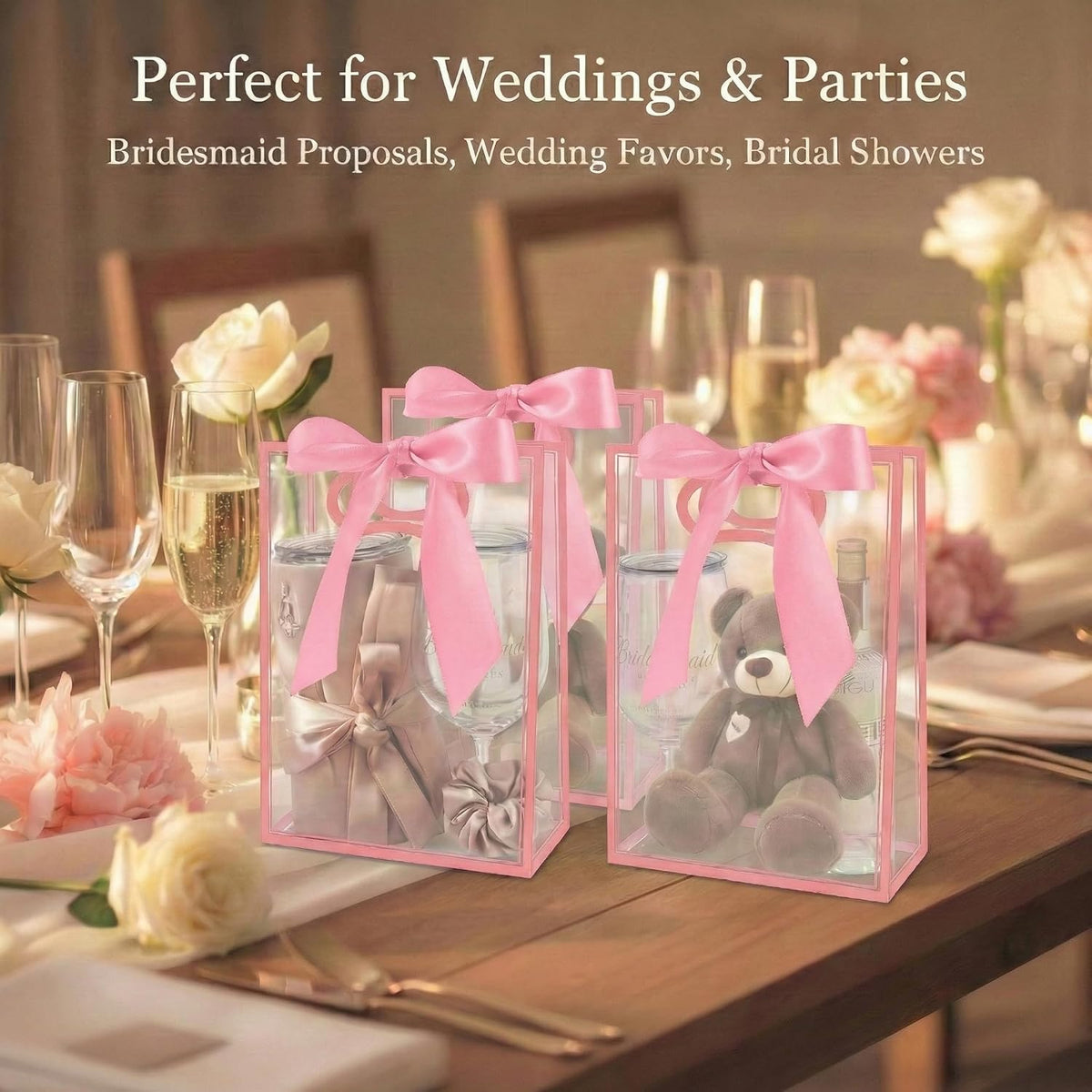 12 Pcs Clear Plastic Gift Bags With Handles Reusable PP Favor Bag With Ribbons For Valentine'S Day Wedding Bridal Shower Birthday Graduation Shopping Business, 7.09x10.24x3.15 Inch (Pink)
