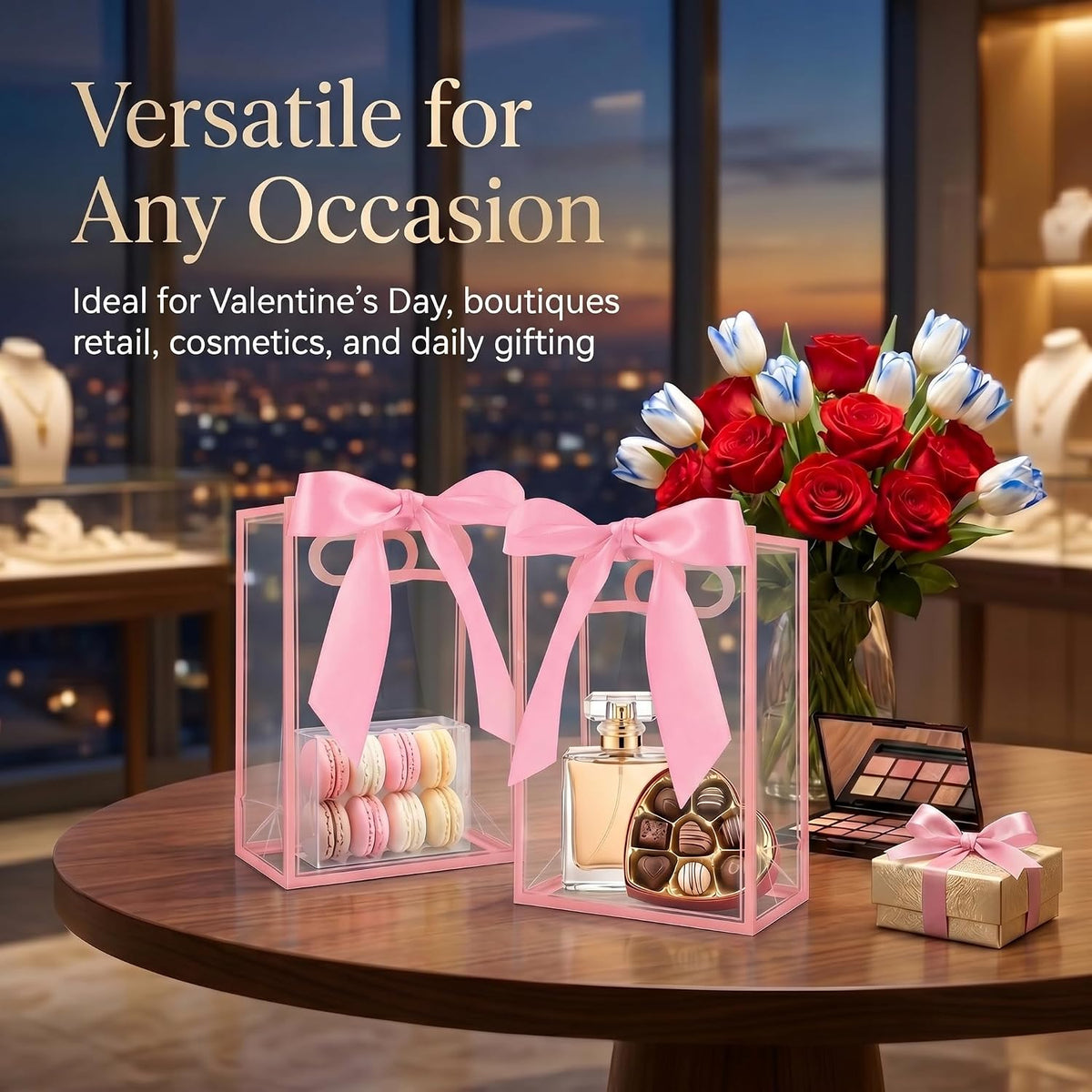 12 Pcs Clear Plastic Gift Bags With Handles Reusable PP Favor Bag With Ribbons For Valentine'S Day Wedding Bridal Shower Birthday Graduation Shopping Business, 7.09x10.24x3.15 Inch (Pink)