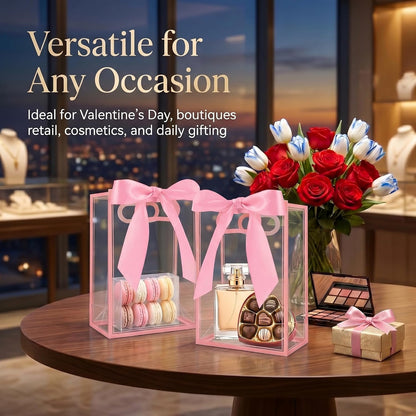 12 Pcs Clear Plastic Gift Bags With Handles Reusable PP Favor Bag With Ribbons For Valentine'S Day Wedding Bridal Shower Birthday Graduation Shopping Business, 7.09x10.24x3.15 Inch (Pink)