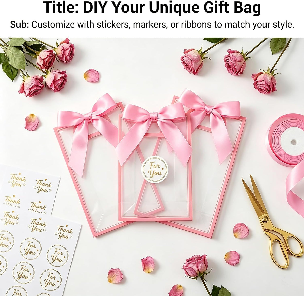 12 Pcs Clear Plastic Gift Bags With Handles Reusable PP Favor Bag With Ribbons For Valentine'S Day Wedding Bridal Shower Birthday Graduation Shopping Business, 7.09x10.24x3.15 Inch (Pink)