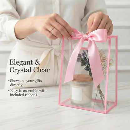 12 Pcs Clear Plastic Gift Bags With Handles Reusable PP Favor Bag With Ribbons For Valentine'S Day Wedding Bridal Shower Birthday Graduation Shopping Business, 7.09x10.24x3.15 Inch (Pink)
