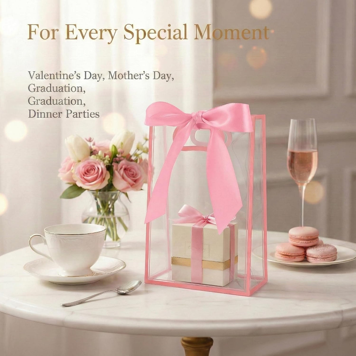12 Pcs Clear Plastic Gift Bags With Handles Reusable PP Favor Bag With Ribbons For Valentine'S Day Wedding Bridal Shower Birthday Graduation Shopping Business, 7.09x10.24x3.15 Inch (Pink)