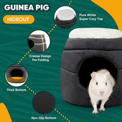 Guinea Pig Hideout - 2 in 1 Foldable Guinea Pig Bed with Pure White Soft Top, Large Entrance for 1 Adult Small Pet, Ideal Bed for Small Pets, Dark Gray