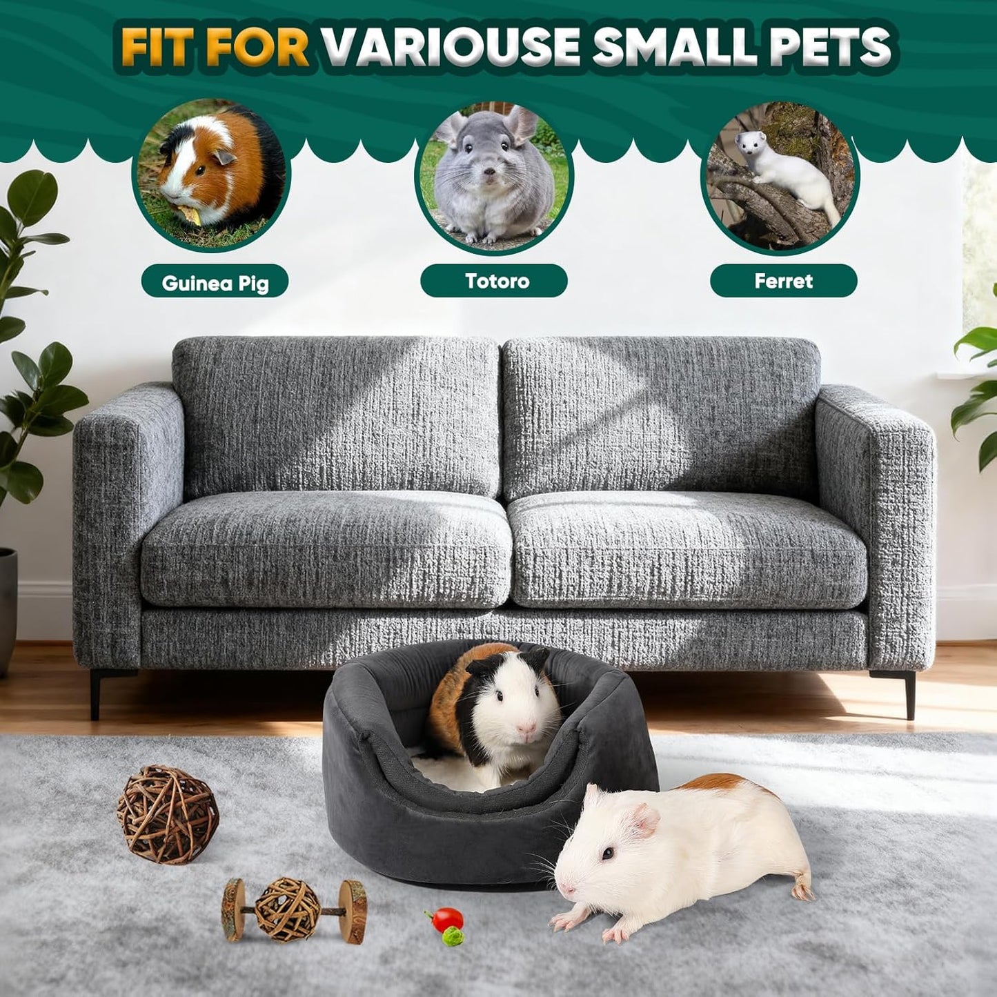 Guinea Pig Hideout - 2 in 1 Foldable Guinea Pig Bed with Pure White Soft Top, Large Entrance for 1 Adult Small Pet, Ideal Bed for Small Pets, Dark Gray