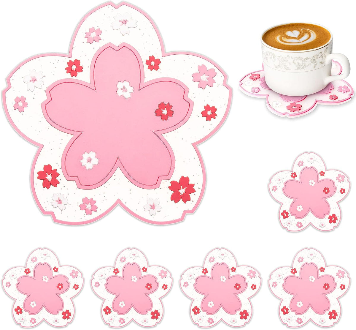 Silicone Coasters for Drinks,6 Pcs Non-Slip Washable Flower Coaster (Flower Pink)