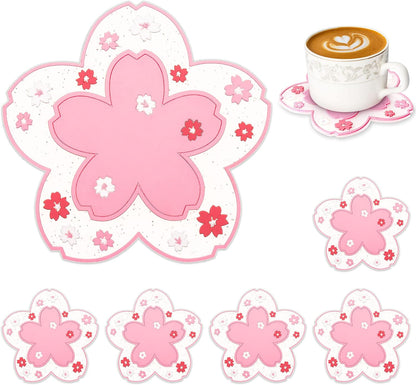 Silicone Coasters for Drinks,6 Pcs Non-Slip Washable Flower Coaster (Flower Pink)