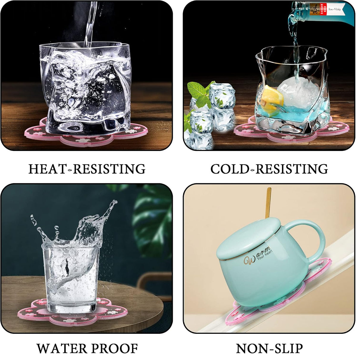 Silicone Coasters for Drinks,6 Pcs Non-Slip Washable Flower Coaster (Flower Pink)