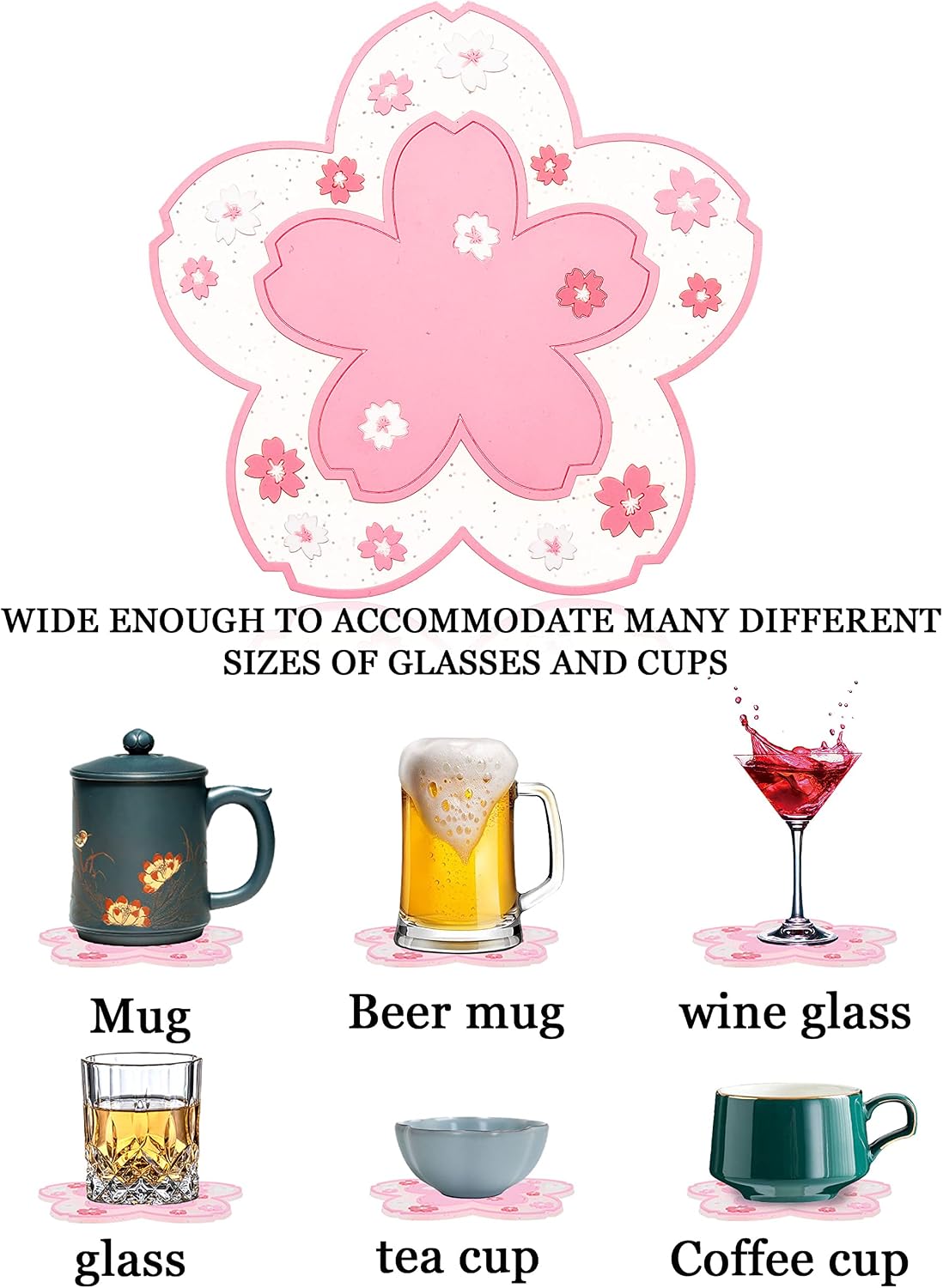 Silicone Coasters for Drinks,6 Pcs Non-Slip Washable Flower Coaster (Flower Pink)