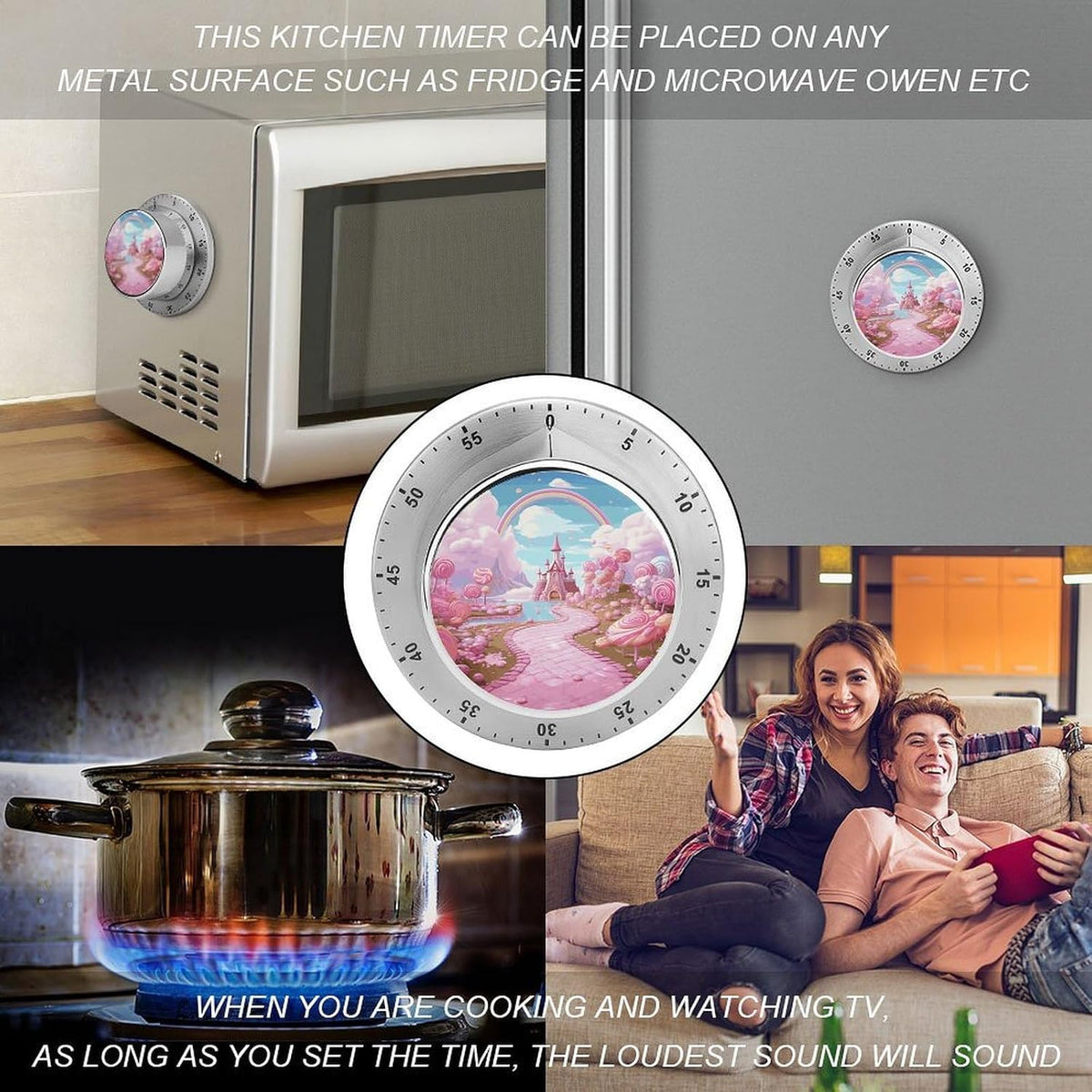 Pink Candy Land Stainless Steel Timer, Kitchen Timer with Magnetic Base, Countdown Timers for Gym, Office, Cooking, Baking, Jogging