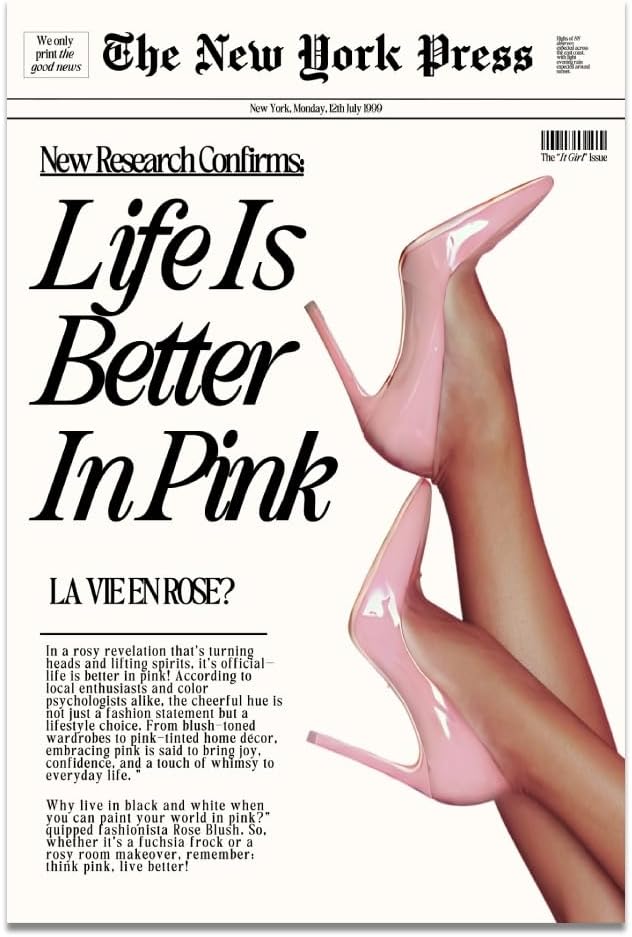 Trendy Baby Pink Hot Girl Poster Life Is Better In Pink Newspaper Wall Art Retro High Heel Picture 70s News Headline Canvas Prints Aesthetic Decor for Girly Bedroom Dorm 8x12inch Unframed