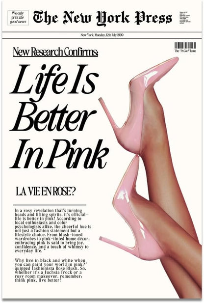 Trendy Baby Pink Hot Girl Poster Life Is Better In Pink Newspaper Wall Art Retro High Heel Picture 70s News Headline Canvas Prints Aesthetic Decor for Girly Bedroom Dorm 8x12inch Unframed