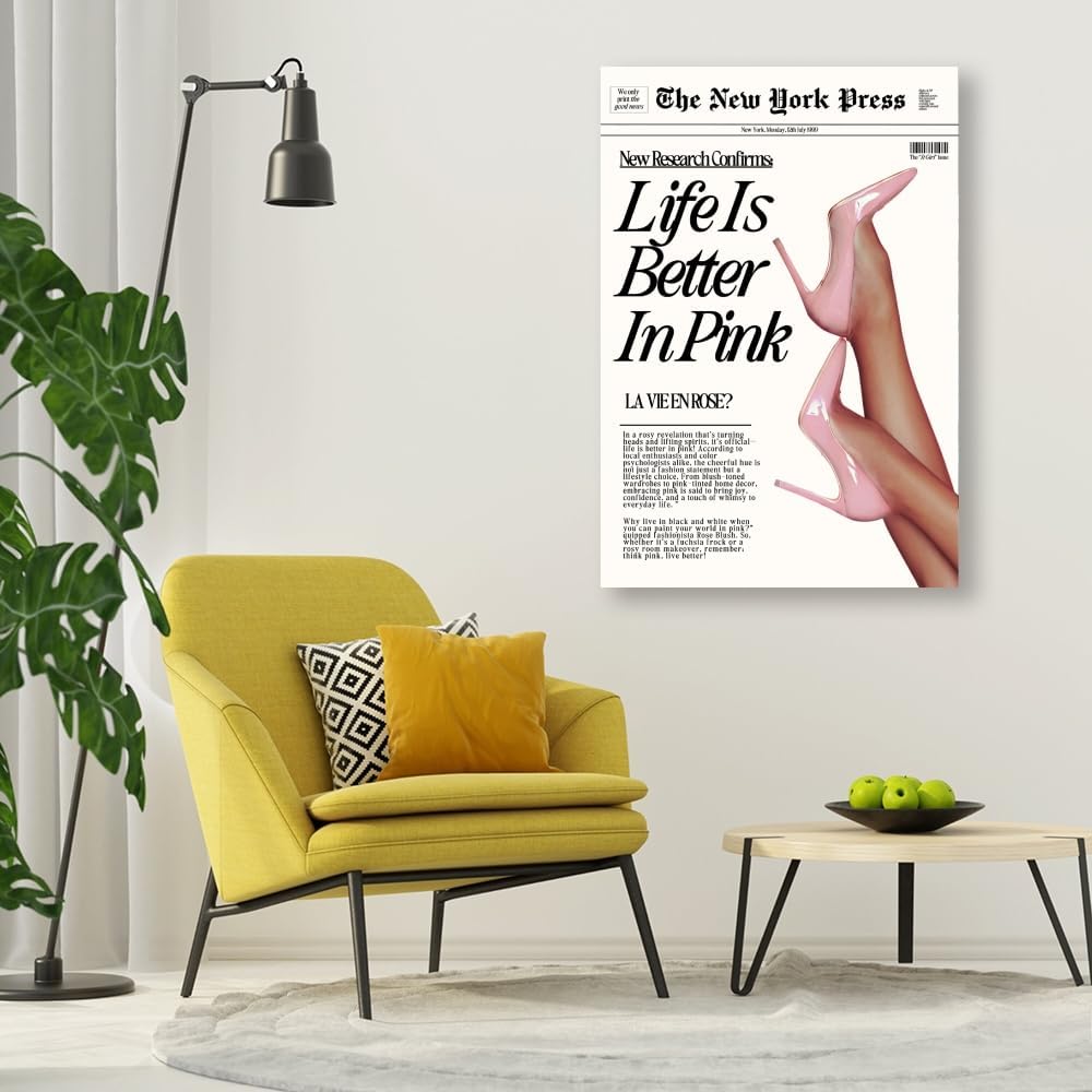 Trendy Baby Pink Hot Girl Poster Life Is Better In Pink Newspaper Wall Art Retro High Heel Picture 70s News Headline Canvas Prints Aesthetic Decor for Girly Bedroom Dorm 8x12inch Unframed