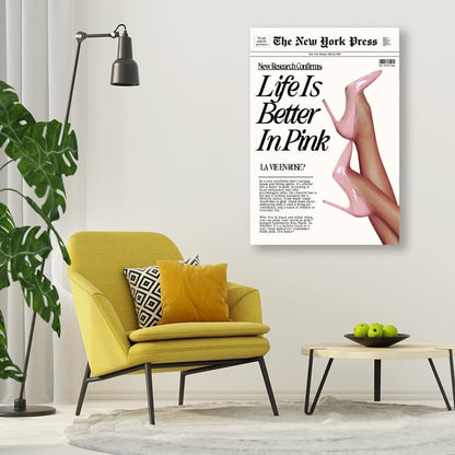 Trendy Baby Pink Hot Girl Poster Life Is Better In Pink Newspaper Wall Art Retro High Heel Picture 70s News Headline Canvas Prints Aesthetic Decor for Girly Bedroom Dorm 8x12inch Unframed