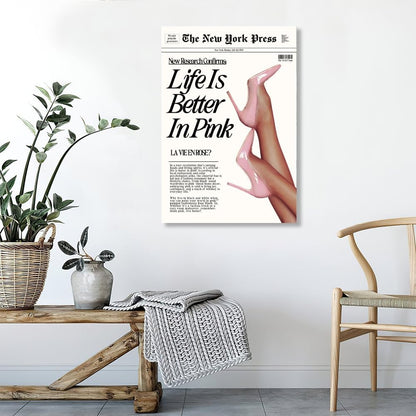 Trendy Baby Pink Hot Girl Poster Life Is Better In Pink Newspaper Wall Art Retro High Heel Picture 70s News Headline Canvas Prints Aesthetic Decor for Girly Bedroom Dorm 8x12inch Unframed