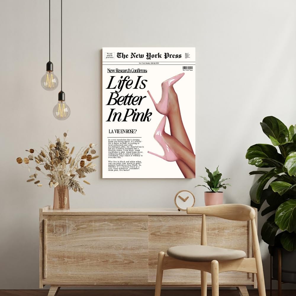 Trendy Baby Pink Hot Girl Poster Life Is Better In Pink Newspaper Wall Art Retro High Heel Picture 70s News Headline Canvas Prints Aesthetic Decor for Girly Bedroom Dorm 8x12inch Unframed
