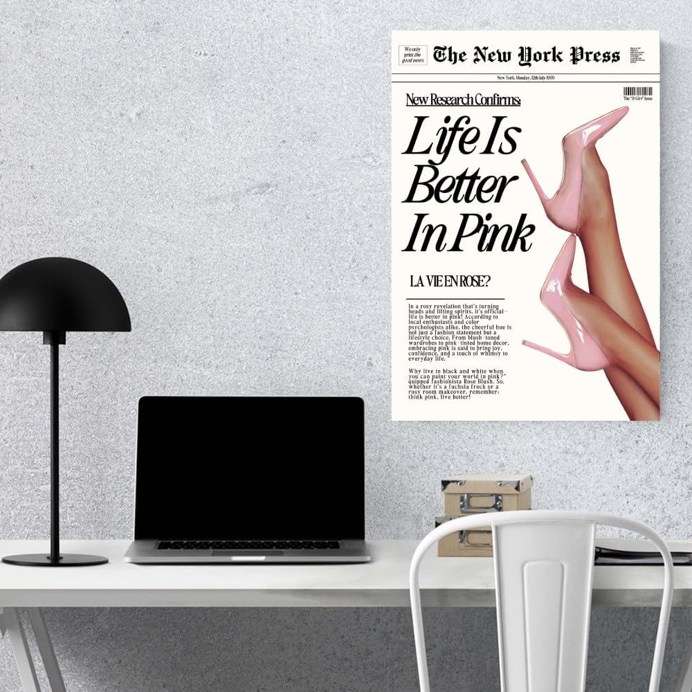 Trendy Baby Pink Hot Girl Poster Life Is Better In Pink Newspaper Wall Art Retro High Heel Picture 70s News Headline Canvas Prints Aesthetic Decor for Girly Bedroom Dorm 8x12inch Unframed