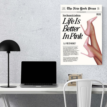 Trendy Baby Pink Hot Girl Poster Life Is Better In Pink Newspaper Wall Art Retro High Heel Picture 70s News Headline Canvas Prints Aesthetic Decor for Girly Bedroom Dorm 8x12inch Unframed