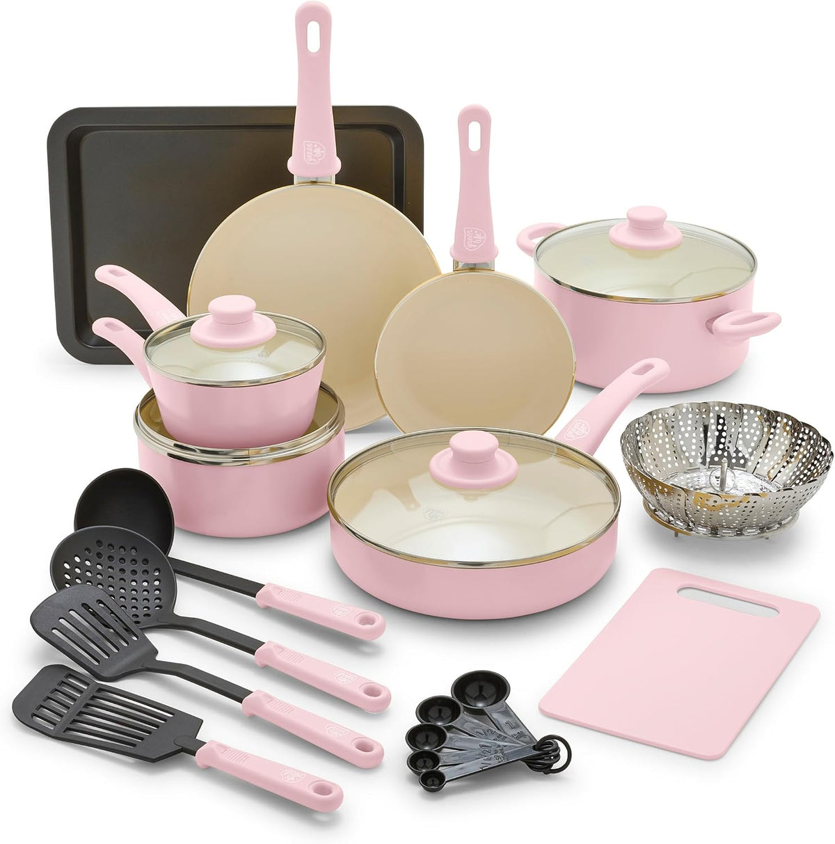 Soft Grip Healthy Ceramic Nonstick 18 Piece Kitchen Cookware Pots and Frying Sauce Saute Pans Set, PFAS-Free with Kitchen Utensils and Lid, Dishwasher Safe, Soft Pink