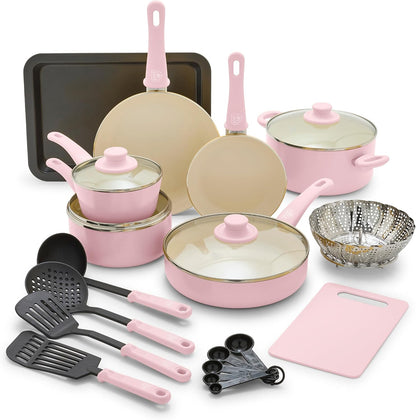 Soft Grip Healthy Ceramic Nonstick 18 Piece Kitchen Cookware Pots and Frying Sauce Saute Pans Set, PFAS-Free with Kitchen Utensils and Lid, Dishwasher Safe, Soft Pink