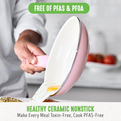 Soft Grip Healthy Ceramic Nonstick 18 Piece Kitchen Cookware Pots and Frying Sauce Saute Pans Set, PFAS-Free with Kitchen Utensils and Lid, Dishwasher Safe, Soft Pink