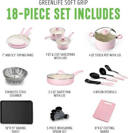 Soft Grip Healthy Ceramic Nonstick 18 Piece Kitchen Cookware Pots and Frying Sauce Saute Pans Set, PFAS-Free with Kitchen Utensils and Lid, Dishwasher Safe, Soft Pink