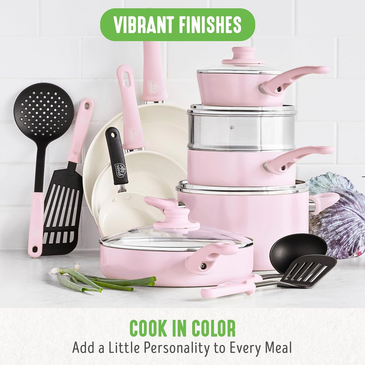 Soft Grip Healthy Ceramic Nonstick 18 Piece Kitchen Cookware Pots and Frying Sauce Saute Pans Set, PFAS-Free with Kitchen Utensils and Lid, Dishwasher Safe, Soft Pink