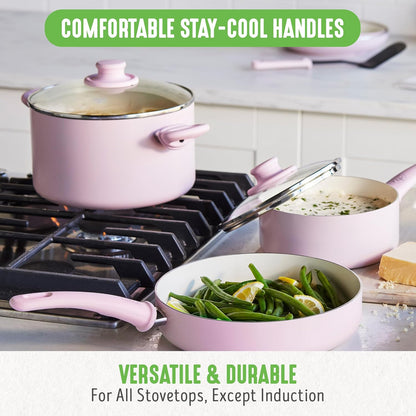 Soft Grip Healthy Ceramic Nonstick 18 Piece Kitchen Cookware Pots and Frying Sauce Saute Pans Set, PFAS-Free with Kitchen Utensils and Lid, Dishwasher Safe, Soft Pink