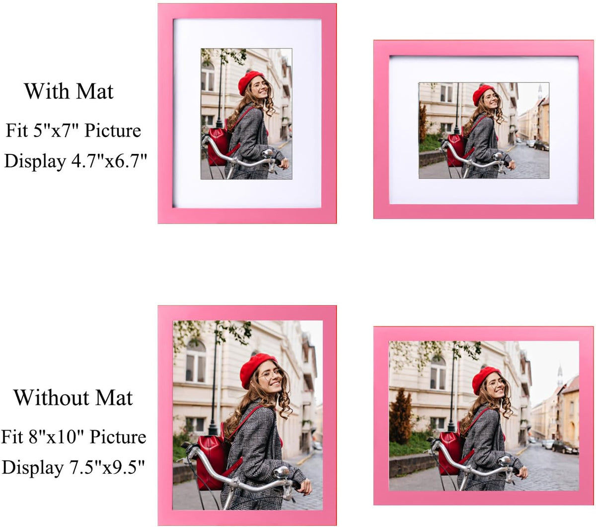 8x10 Picture Frame Made of Solid Wood Photo Frame Display Pictures 5x7 with Mat or 8x10 Without Mat Colorful Frame For Table top Display or Wall, Pink, 1 Pack
