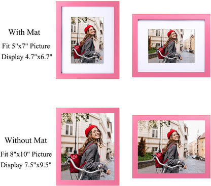8x10 Picture Frame Made of Solid Wood Photo Frame Display Pictures 5x7 with Mat or 8x10 Without Mat Colorful Frame For Table top Display or Wall, Pink, 1 Pack