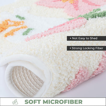 Cute Floral Bath Mat Modern Rug Quick Dry and Non Slip Machine Washable Bath Rug Soft Microfiber Carpet for Dining Room, Kitchen and Bedroom (31"x20", Pink Flowers)
